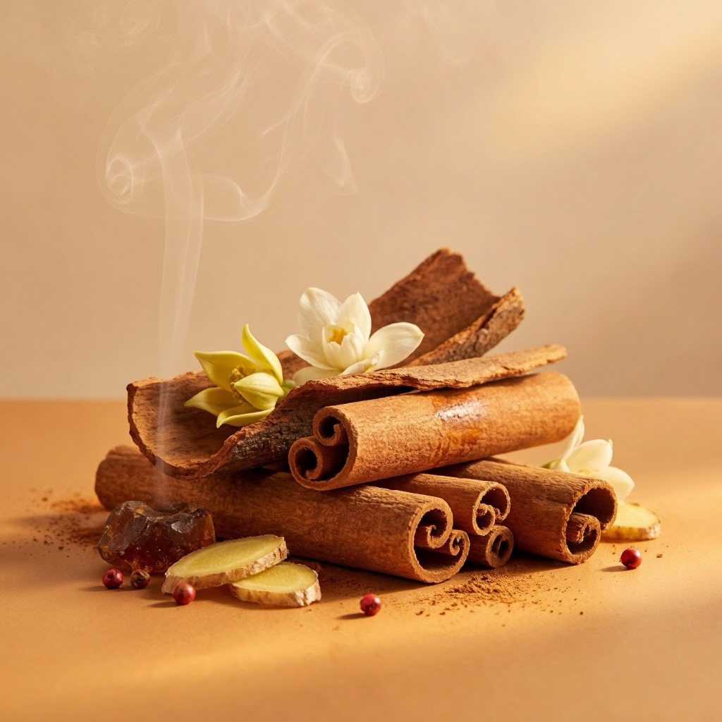 Stack of cinnamon sticks with flowers on a warm-toned background